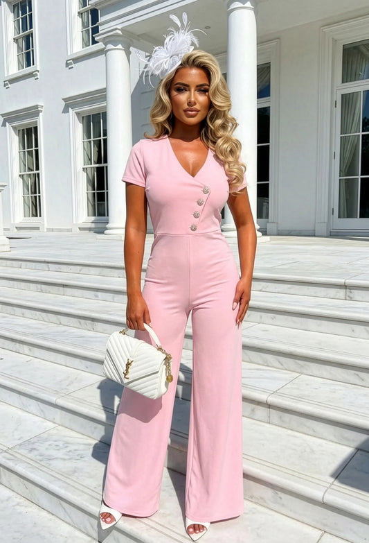 You Slay Girl Pink Gold Button Short Sleeve Jumpsuit